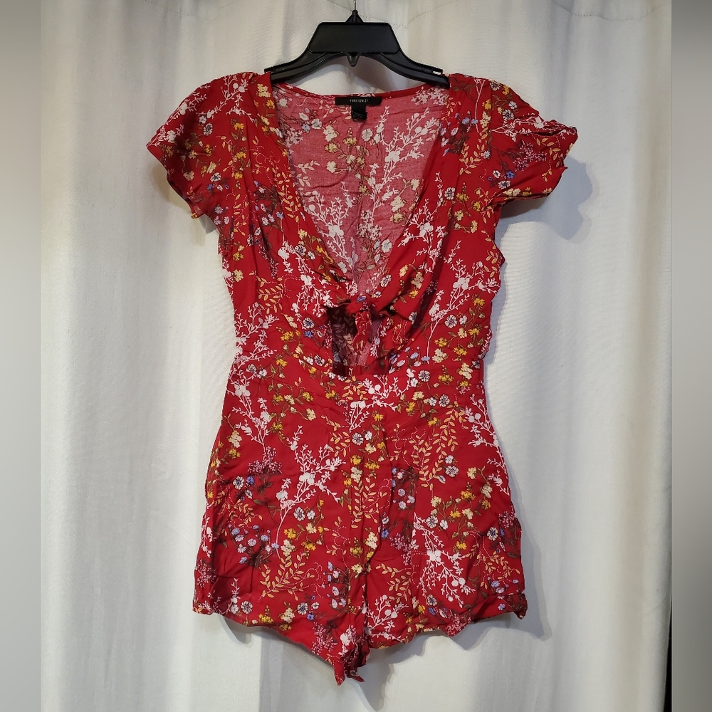 Red floral romper w/ chest tie knot